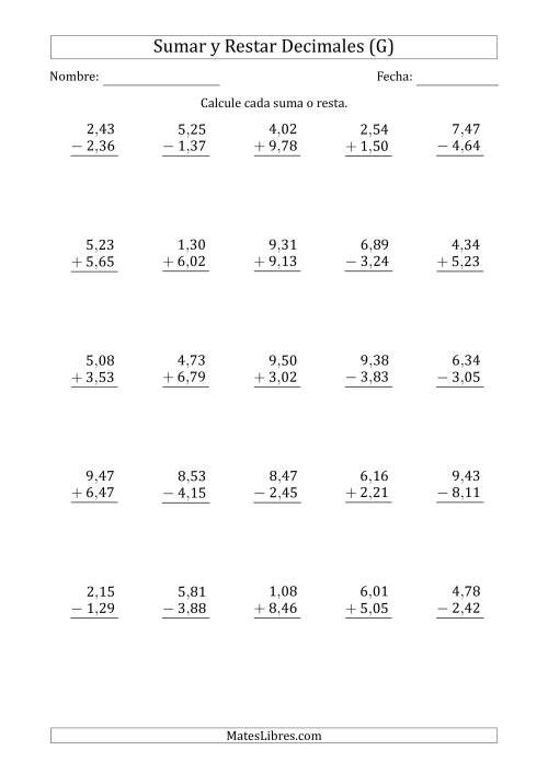 La hoja de ejercicios de Sumar y Restar Centésimas con Un Dígito delante del Decimal (rango de 1,01 a 9,99) (G)