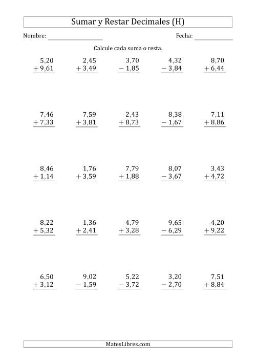 La hoja de ejercicios de Sumar y Restar Centésimas con Un Dígito delante del Decimal (rango de 1,01 a 9,99) (H)