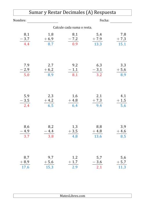 La hoja de ejercicios de Sumar y Restar Décimas con Un Dígito delante del Decimal (rango de 1,1 a 9,9) (A) Página 2