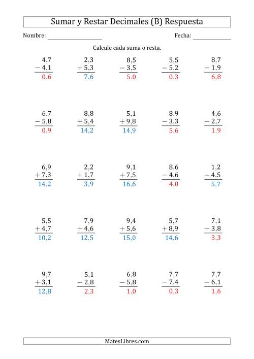La hoja de ejercicios de Sumar y Restar Décimas con Un Dígito delante del Decimal (rango de 1,1 a 9,9) (B) Página 2