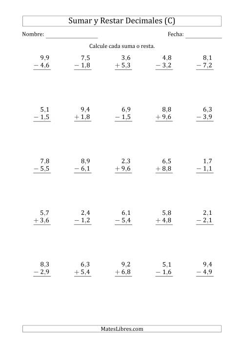 La hoja de ejercicios de Sumar y Restar Décimas con Un Dígito delante del Decimal (rango de 1,1 a 9,9) (C)