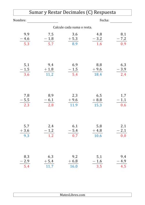 La hoja de ejercicios de Sumar y Restar Décimas con Un Dígito delante del Decimal (rango de 1,1 a 9,9) (C) Página 2