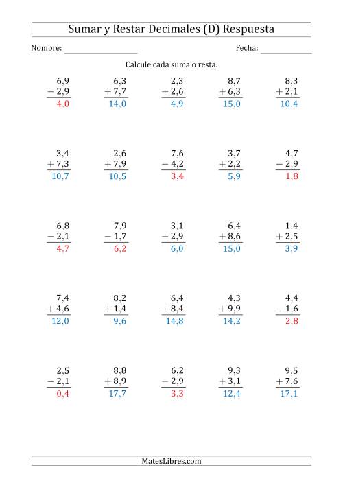 La hoja de ejercicios de Sumar y Restar Décimas con Un Dígito delante del Decimal (rango de 1,1 a 9,9) (D) Página 2