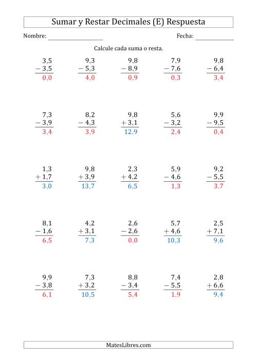 La hoja de ejercicios de Sumar y Restar Décimas con Un Dígito delante del Decimal (rango de 1,1 a 9,9) (E) Página 2
