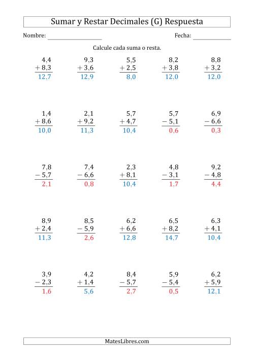 La hoja de ejercicios de Sumar y Restar Décimas con Un Dígito delante del Decimal (rango de 1,1 a 9,9) (G) Página 2