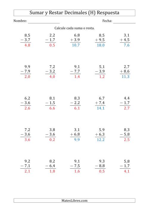 La hoja de ejercicios de Sumar y Restar Décimas con Un Dígito delante del Decimal (rango de 1,1 a 9,9) (H) Página 2
