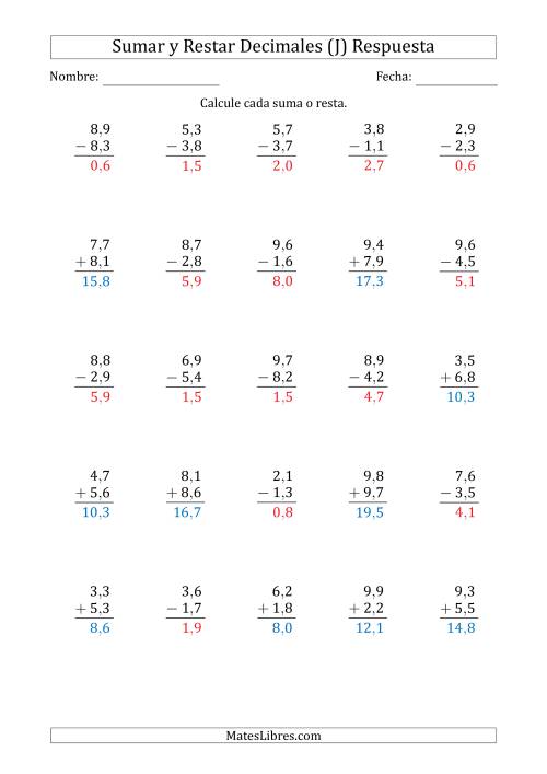 La hoja de ejercicios de Sumar y Restar Décimas con Un Dígito delante del Decimal (rango de 1,1 a 9,9) (J) Página 2