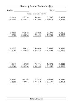 Sumar y Restar Diezmilésimas con Un Dígito delante del Decimal (rango de 1,0001 a 9,9999)