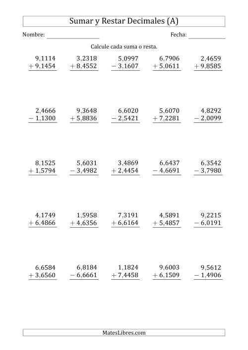 La hoja de ejercicios de Sumar y Restar Diezmilésimas con Un Dígito delante del Decimal (rango de 1,0001 a 9,9999) (A)