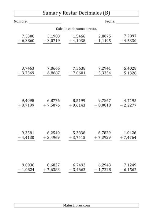 La hoja de ejercicios de Sumar y Restar Diezmilésimas con Un Dígito delante del Decimal (rango de 1,0001 a 9,9999) (B)