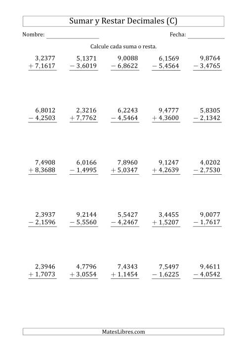 La hoja de ejercicios de Sumar y Restar Diezmilésimas con Un Dígito delante del Decimal (rango de 1,0001 a 9,9999) (C)