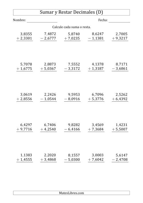 La hoja de ejercicios de Sumar y Restar Diezmilésimas con Un Dígito delante del Decimal (rango de 1,0001 a 9,9999) (D)