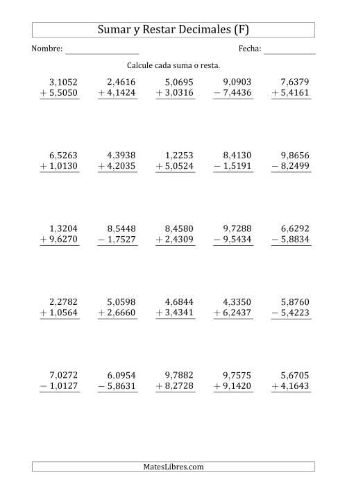 La hoja de ejercicios de Sumar y Restar Diezmilésimas con Un Dígito delante del Decimal (rango de 1,0001 a 9,9999) (F)
