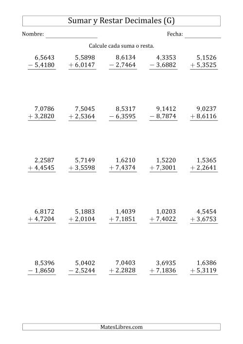 La hoja de ejercicios de Sumar y Restar Diezmilésimas con Un Dígito delante del Decimal (rango de 1,0001 a 9,9999) (G)