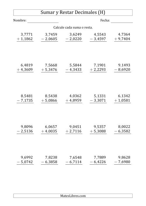 La hoja de ejercicios de Sumar y Restar Diezmilésimas con Un Dígito delante del Decimal (rango de 1,0001 a 9,9999) (H)