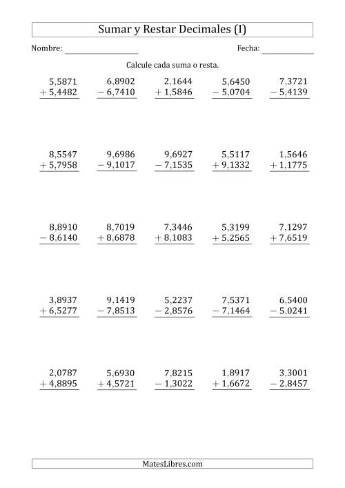 La hoja de ejercicios de Sumar y Restar Diezmilésimas con Un Dígito delante del Decimal (rango de 1,0001 a 9,9999) (I)