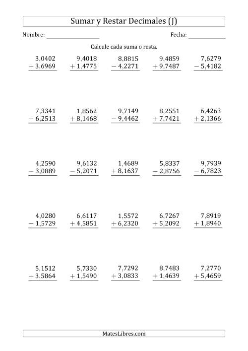 La hoja de ejercicios de Sumar y Restar Diezmilésimas con Un Dígito delante del Decimal (rango de 1,0001 a 9,9999) (J)