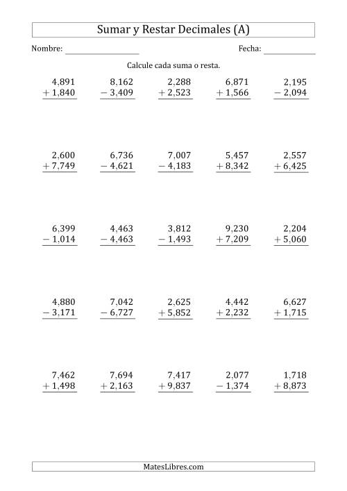 La hoja de ejercicios de Sumar y Restar Milésimas con Un Dígito delante del Decimal (rango de 1,001 a 9,999) (A)