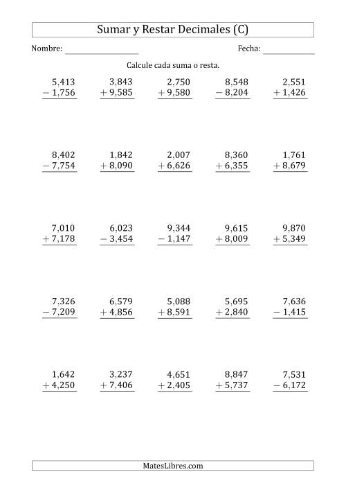 La hoja de ejercicios de Sumar y Restar Milésimas con Un Dígito delante del Decimal (rango de 1,001 a 9,999) (C)