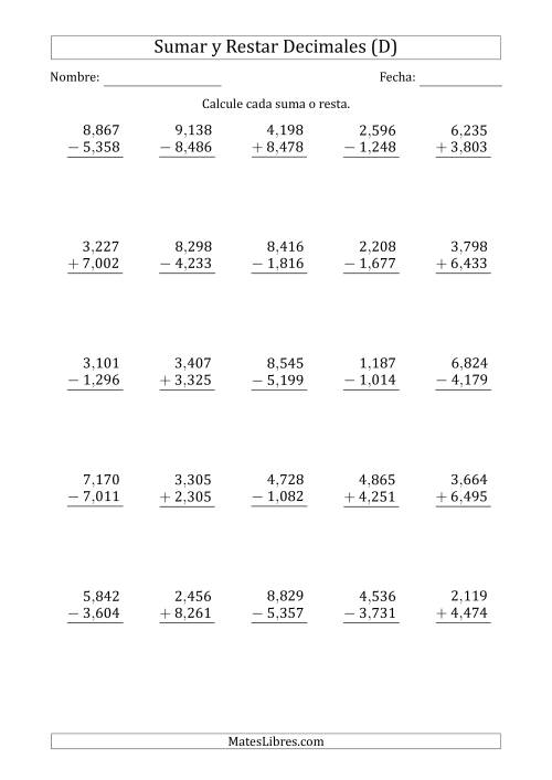 La hoja de ejercicios de Sumar y Restar Milésimas con Un Dígito delante del Decimal (rango de 1,001 a 9,999) (D)