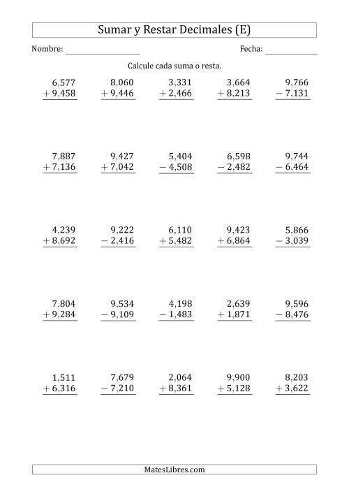 La hoja de ejercicios de Sumar y Restar Milésimas con Un Dígito delante del Decimal (rango de 1,001 a 9,999) (E)