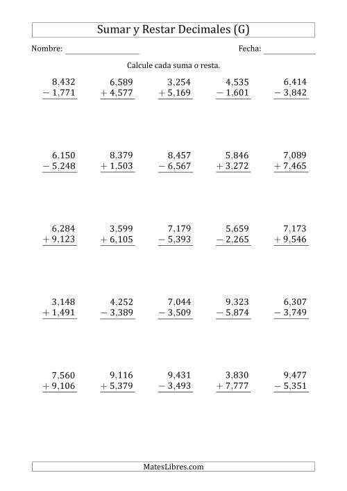 La hoja de ejercicios de Sumar y Restar Milésimas con Un Dígito delante del Decimal (rango de 1,001 a 9,999) (G)