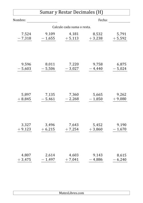 La hoja de ejercicios de Sumar y Restar Milésimas con Un Dígito delante del Decimal (rango de 1,001 a 9,999) (H)
