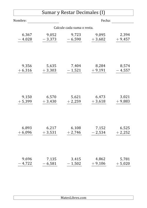La hoja de ejercicios de Sumar y Restar Milésimas con Un Dígito delante del Decimal (rango de 1,001 a 9,999) (I)