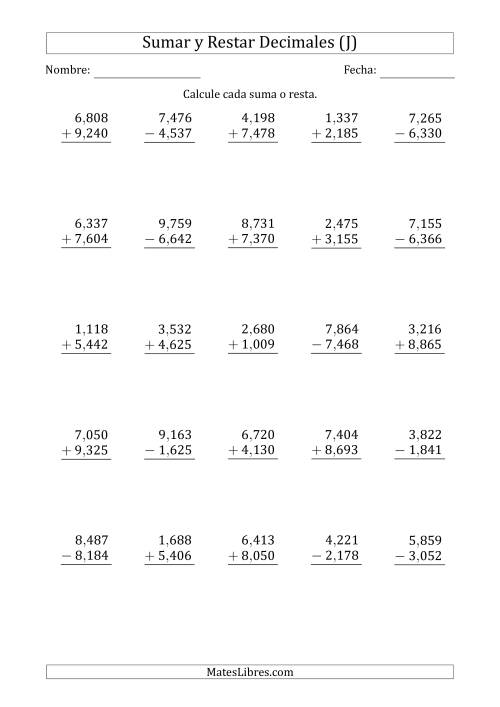 La hoja de ejercicios de Sumar y Restar Milésimas con Un Dígito delante del Decimal (rango de 1,001 a 9,999) (J)
