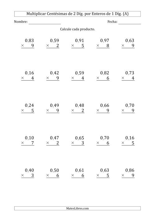 La hoja de ejercicios de Multiplicar Centésimas de 2 Díg. por Enteros de 1 Díg. (A)