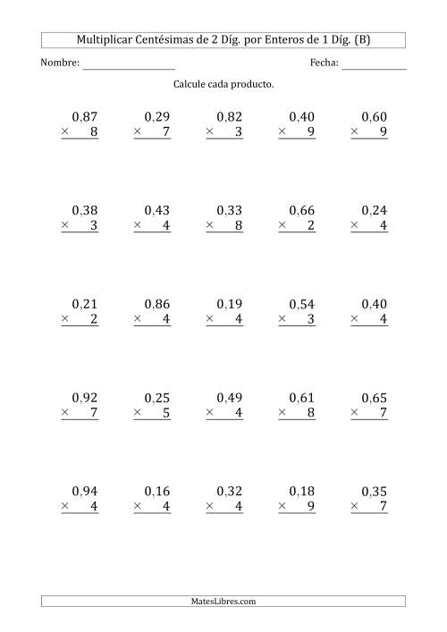 La hoja de ejercicios de Multiplicar Centésimas de 2 Díg. por Enteros de 1 Díg. (B)