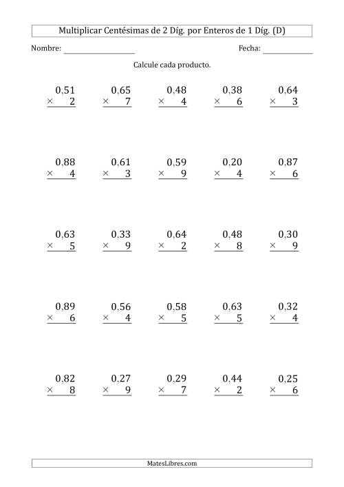 La hoja de ejercicios de Multiplicar Centésimas de 2 Díg. por Enteros de 1 Díg. (D)