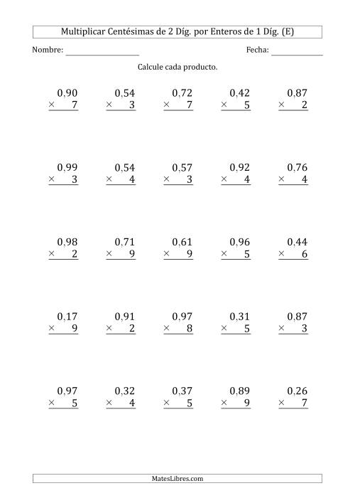 La hoja de ejercicios de Multiplicar Centésimas de 2 Díg. por Enteros de 1 Díg. (E)