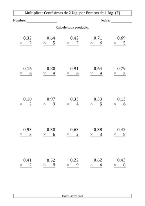 La hoja de ejercicios de Multiplicar Centésimas de 2 Díg. por Enteros de 1 Díg. (F)