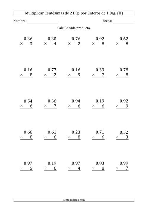 La hoja de ejercicios de Multiplicar Centésimas de 2 Díg. por Enteros de 1 Díg. (H)