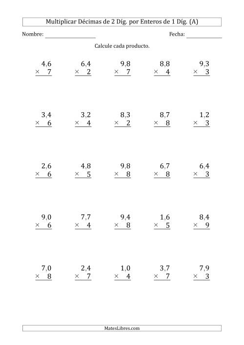 La hoja de ejercicios de Multiplicar Décimas de 2 Díg. por Enteros de 1 Díg. (A)