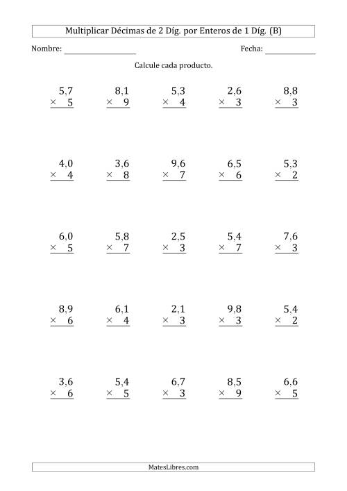 La hoja de ejercicios de Multiplicar Décimas de 2 Díg. por Enteros de 1 Díg. (B)