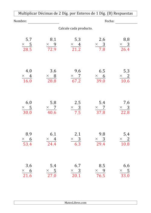 La hoja de ejercicios de Multiplicar Décimas de 2 Díg. por Enteros de 1 Díg. (B) Página 2