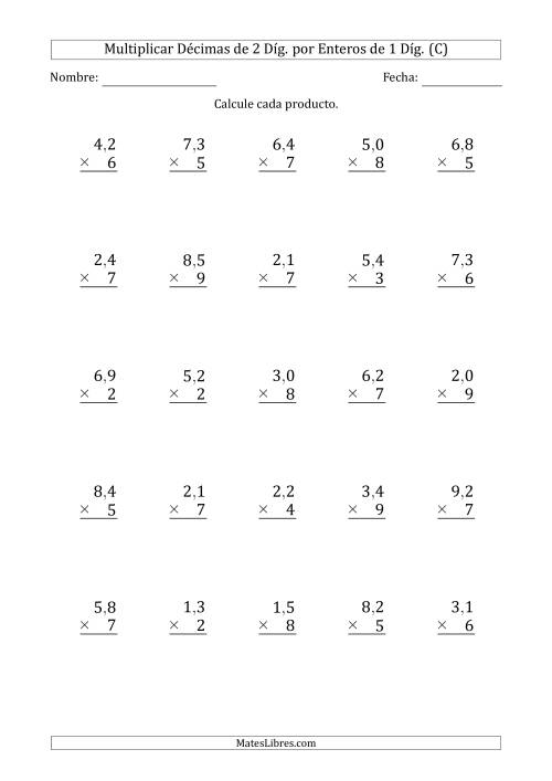 La hoja de ejercicios de Multiplicar Décimas de 2 Díg. por Enteros de 1 Díg. (C)