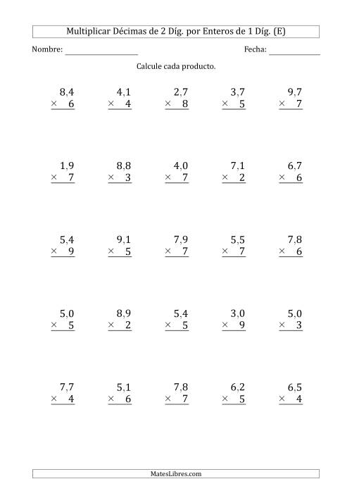La hoja de ejercicios de Multiplicar Décimas de 2 Díg. por Enteros de 1 Díg. (E)