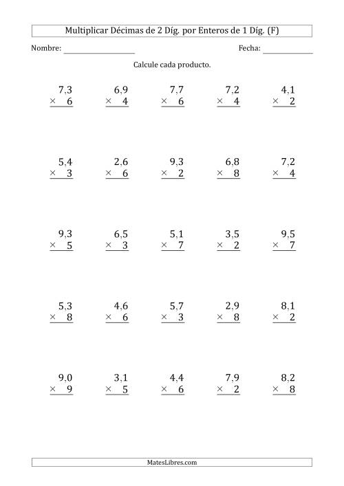 La hoja de ejercicios de Multiplicar Décimas de 2 Díg. por Enteros de 1 Díg. (F)