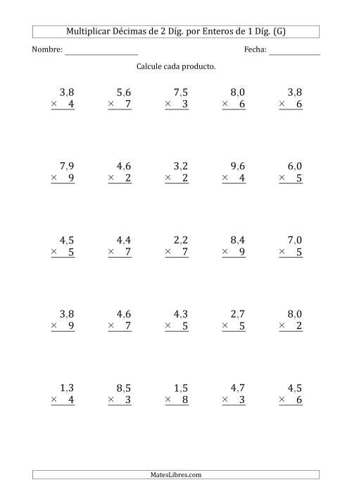 La hoja de ejercicios de Multiplicar Décimas de 2 Díg. por Enteros de 1 Díg. (G)