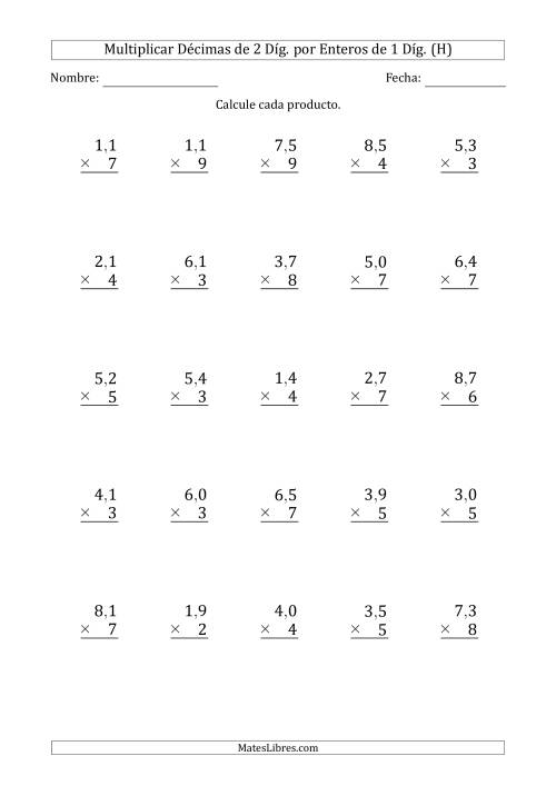 La hoja de ejercicios de Multiplicar Décimas de 2 Díg. por Enteros de 1 Díg. (H)