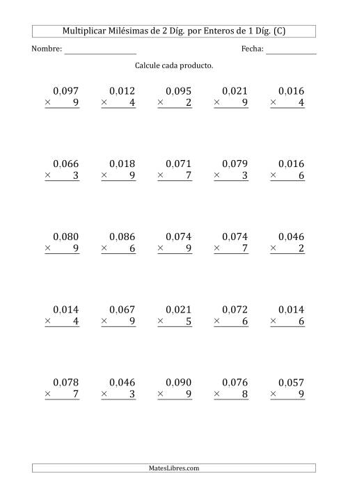 La hoja de ejercicios de Multiplicar Milésimas de 2 Díg. por Enteros de 1 Díg. (C)