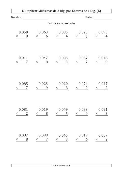 La hoja de ejercicios de Multiplicar Milésimas de 2 Díg. por Enteros de 1 Díg. (E)