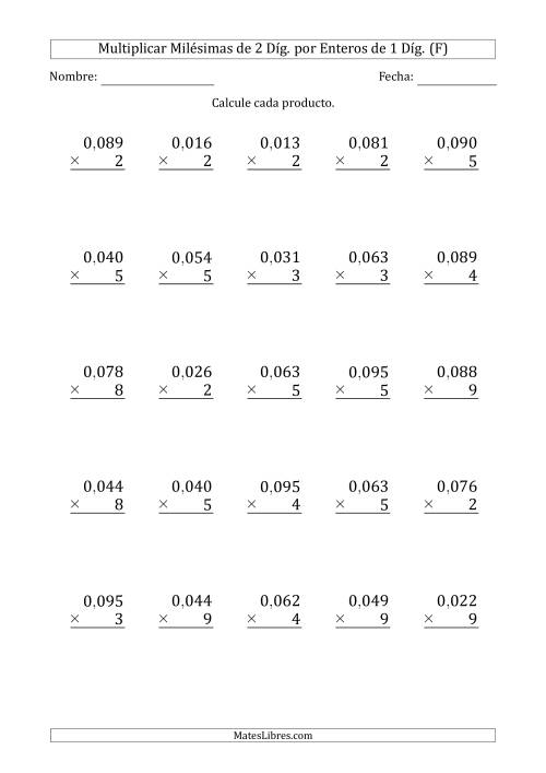 La hoja de ejercicios de Multiplicar Milésimas de 2 Díg. por Enteros de 1 Díg. (F)