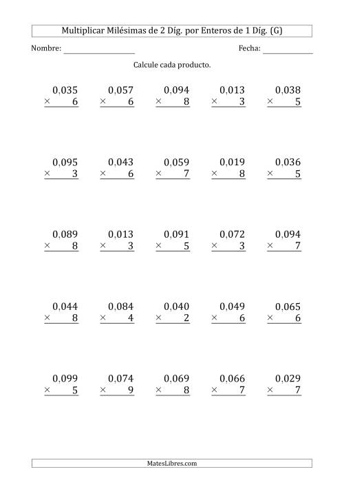 La hoja de ejercicios de Multiplicar Milésimas de 2 Díg. por Enteros de 1 Díg. (G)