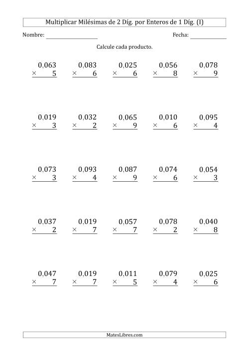 La hoja de ejercicios de Multiplicar Milésimas de 2 Díg. por Enteros de 1 Díg. (I)
