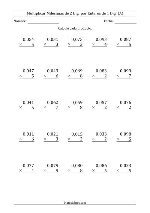 La hoja de ejercicios de Multiplicar Milésimas de 2 Díg. por Enteros de 1 Díg. (Todas)