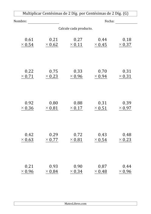 La hoja de ejercicios de Multiplicar Centésimas de 2 Díg. por Centésimas de 2 Díg. (G)